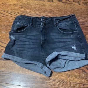 Black high rise jean shorts with two buttons